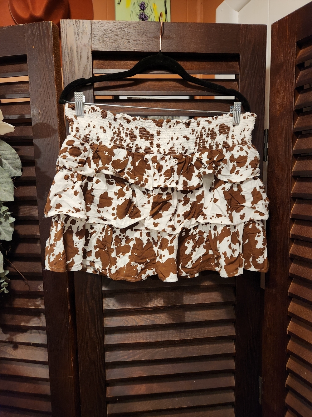 Sincerely Jules Brown and White Cow Print Ruffle Mini Skirt